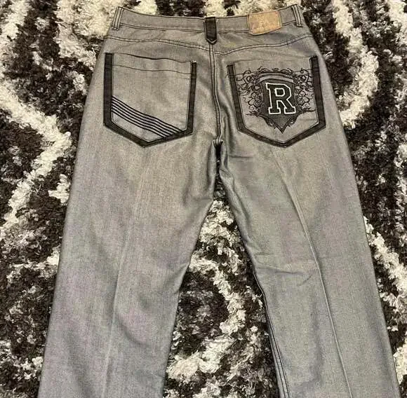 Vintage Red Ape Y2K Baggy Grey Denim Embroidered Jeans Size 36 - Picture 1 of 4